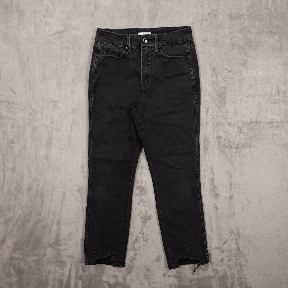 Good American Jeans Good Straight Distressed‎ Hems Women's 6/28 Black Denim